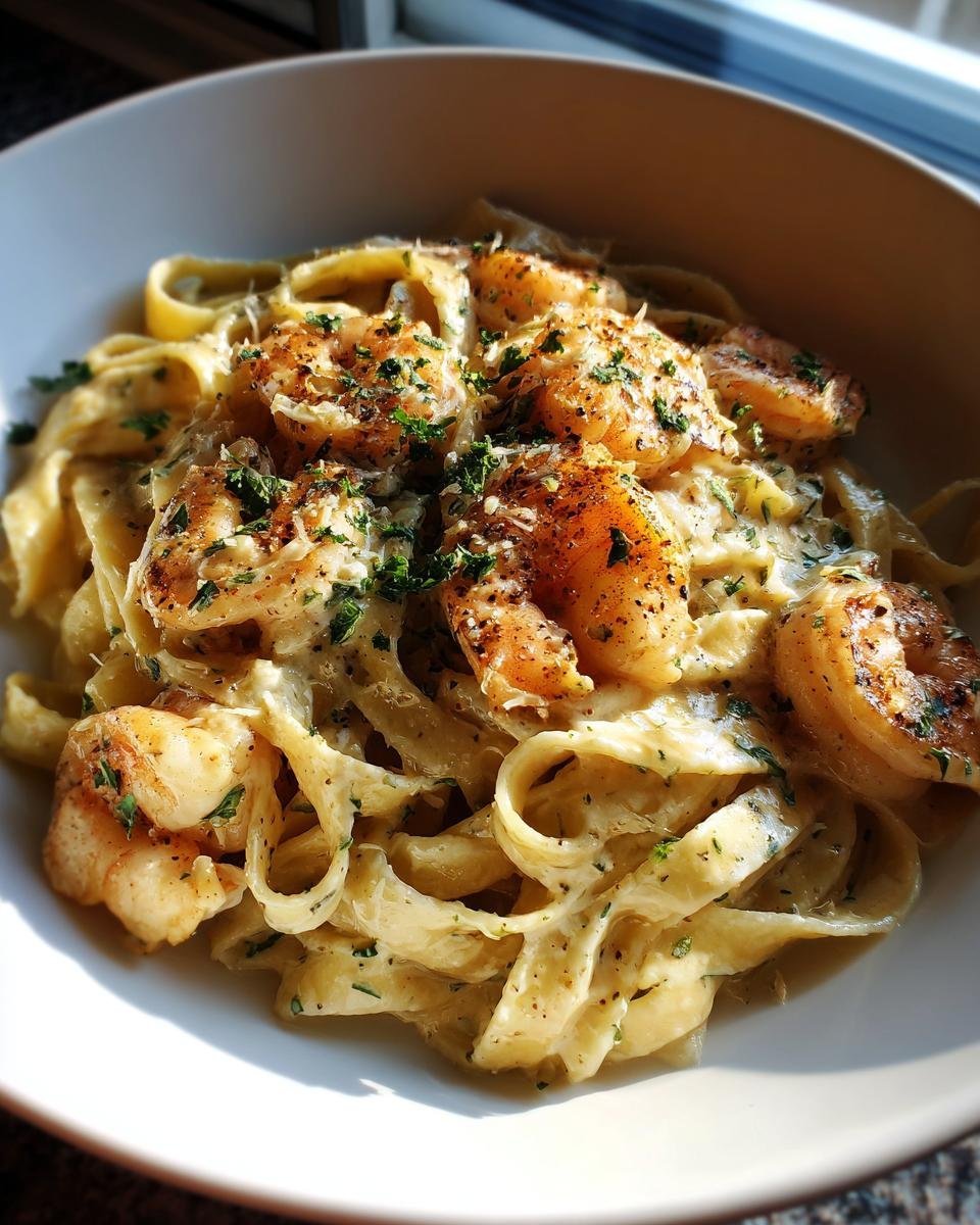 creamy shrimp fettuccine pasta with homemade alfredo sauce - detail 1
