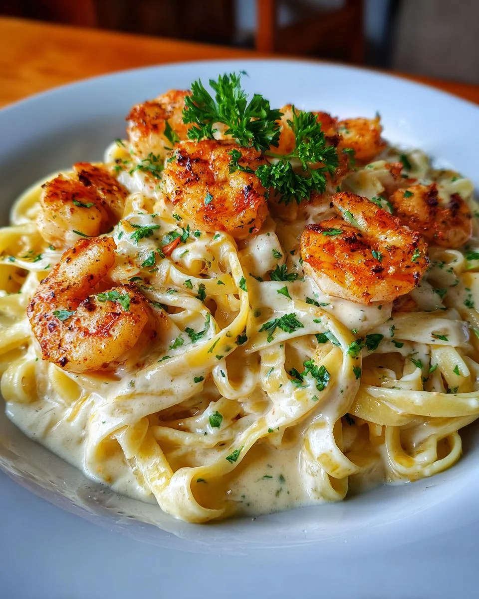 creamy shrimp fettuccine pasta with homemade alfredo sauce - detail 2