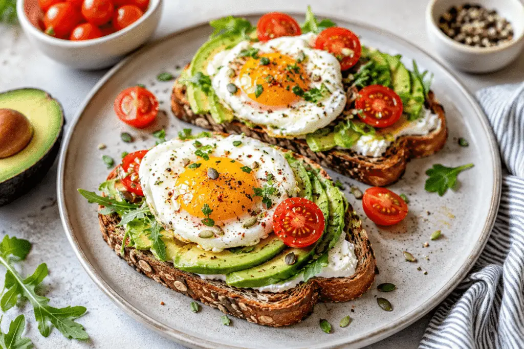 11 Geniale Frühstücksideen mit Avocado-Toast, Spiegelei, Frischkäse und Kirschtomaten auf Vollkornbrot für ein gesundes Frühstück.