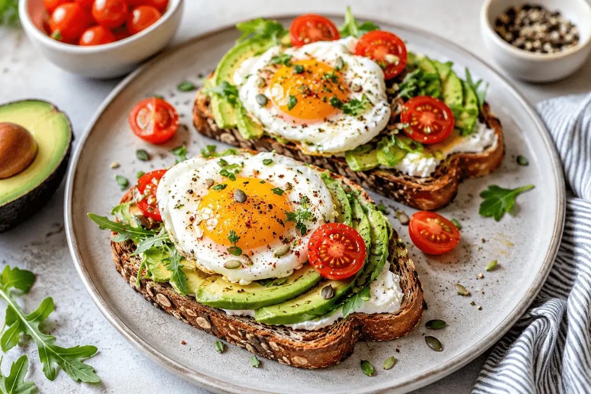 11 Geniale Frühstücksideen mit Avocado-Toast, Spiegelei, Frischkäse und Kirschtomaten auf Vollkornbrot für ein gesundes Frühstück.