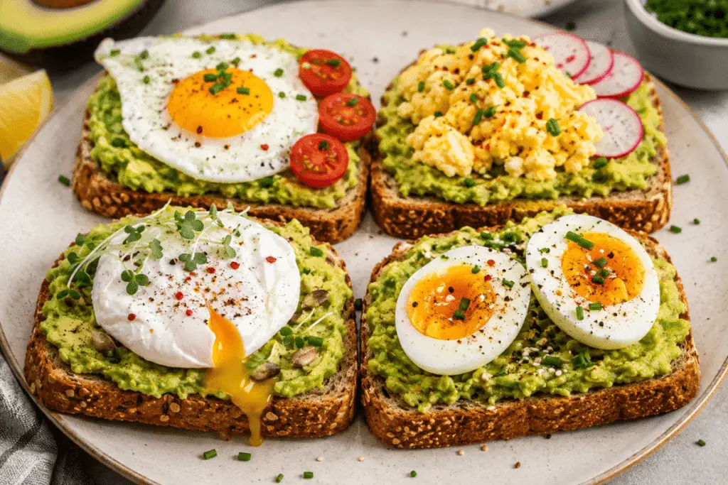 4 Köstliche Avocado-Ei Toasts mit cremiger Avocado und weich gekochtem Ei auf Vollkornbrot