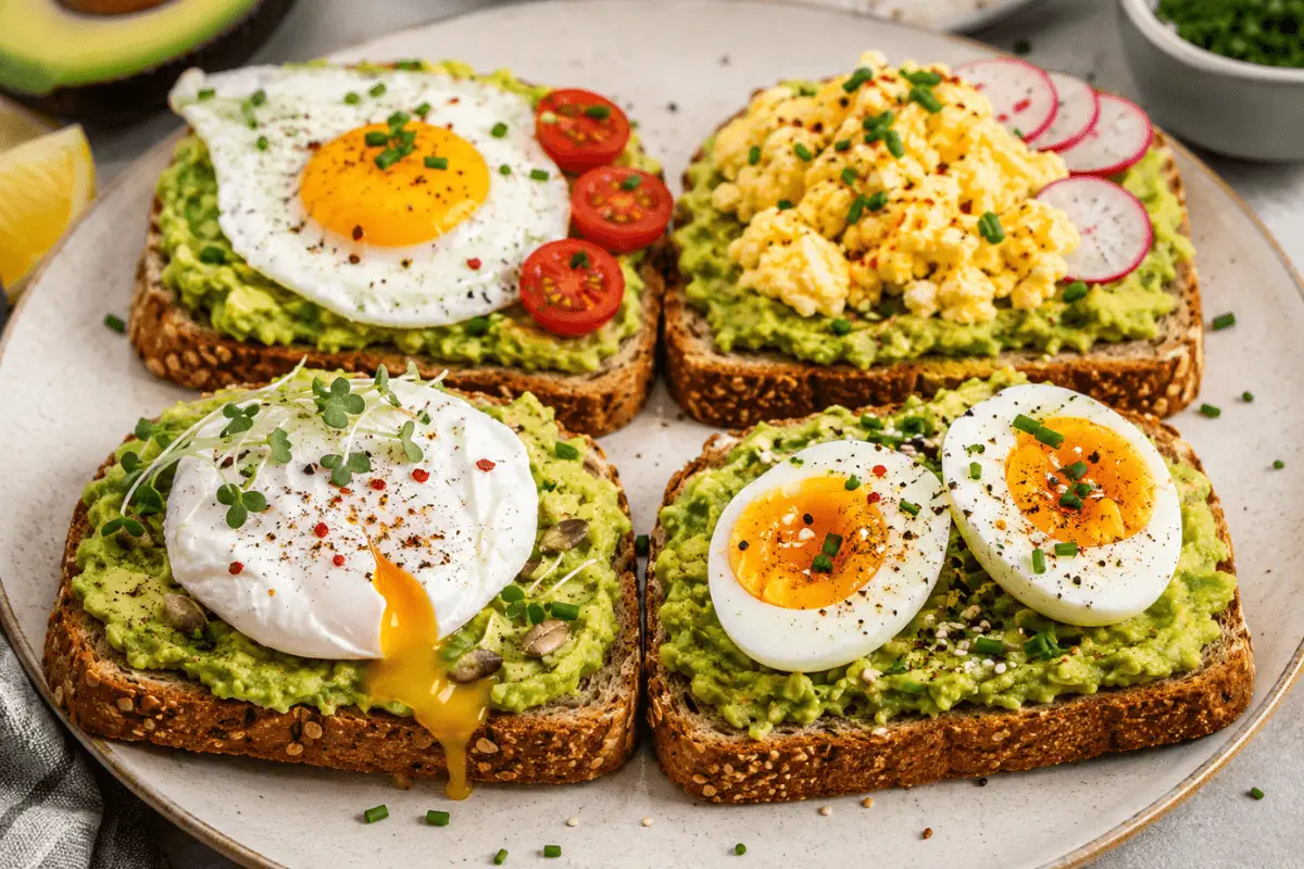 4 Köstliche Avocado-Ei Toasts mit cremiger Avocado und weich gekochtem Ei auf Vollkornbrot