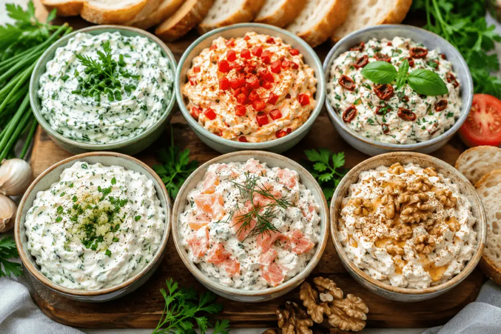 6 Einfache Frischkäse-Cremes mit Kräutern, Paprika, Tomaten, Knoblauch, Lachs und Honig-Walnüssen.