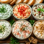 6 Einfache Frischkäse-Cremes mit Kräutern, Paprika, Tomaten, Knoblauch, Lachs und Honig-Walnüssen.
