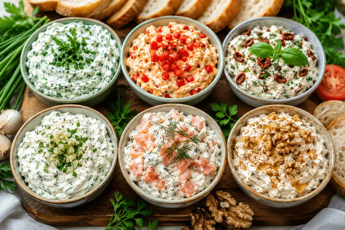 6 Einfache Frischkäse-Cremes mit Kräutern, Paprika, Tomaten, Knoblauch, Lachs und Honig-Walnüssen.