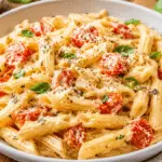 Einfaches Pasta Rezept für den Abend mit cremiger Parmesan-Sauce, Kirschtomaten und frischem Basilikum.