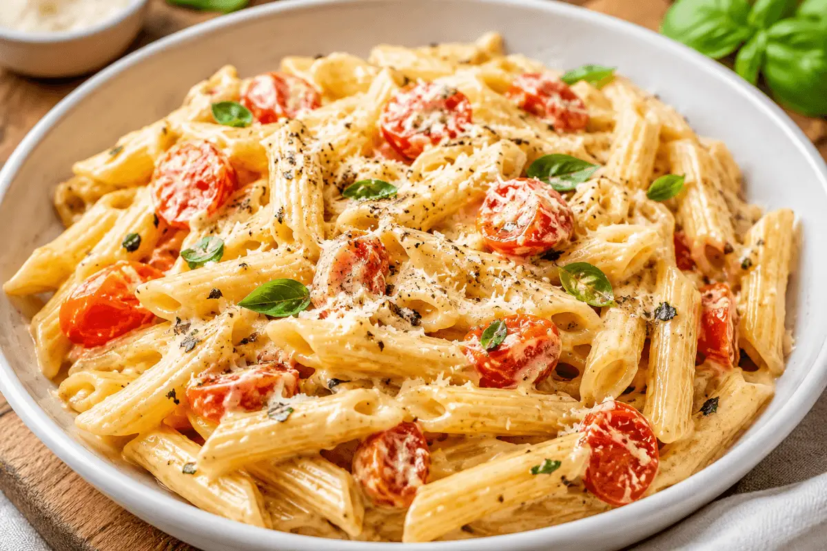 Einfaches Pasta Rezept für den Abend mit cremiger Parmesan-Sauce, Kirschtomaten und frischem Basilikum.
