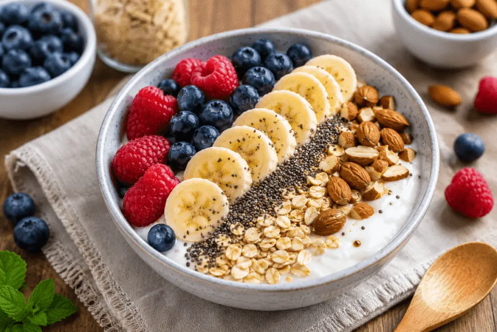 Gesundes Frühstück in 10 Minuten mit Joghurt, Beeren und Haferflocken