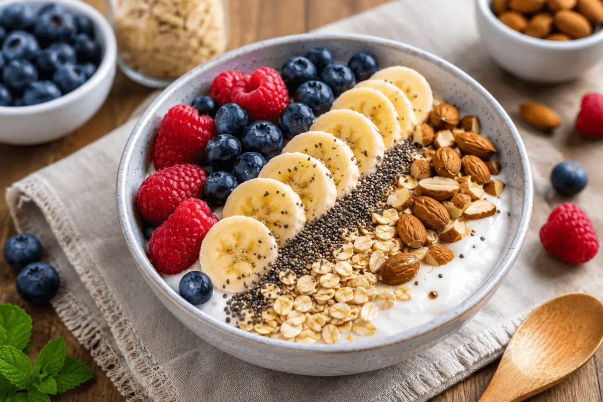 Gesundes Frühstück in 10 Minuten mit Joghurt, Beeren und Haferflocken