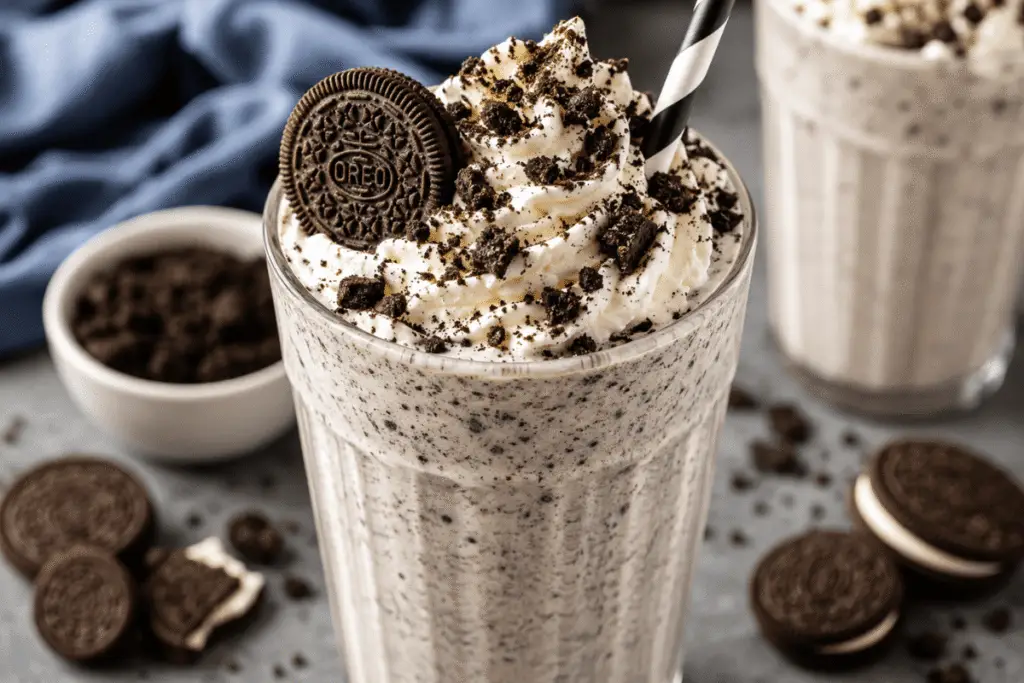Oreo Milkshake Rezept mit cremigem Vanilleeis, Oreo-Keksen und Schlagsahne