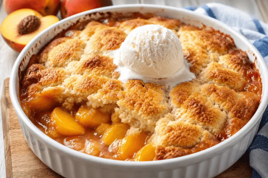 Pfirsich Cobbler Rezept mit saftigen Pfirsichen und Vanilleeis