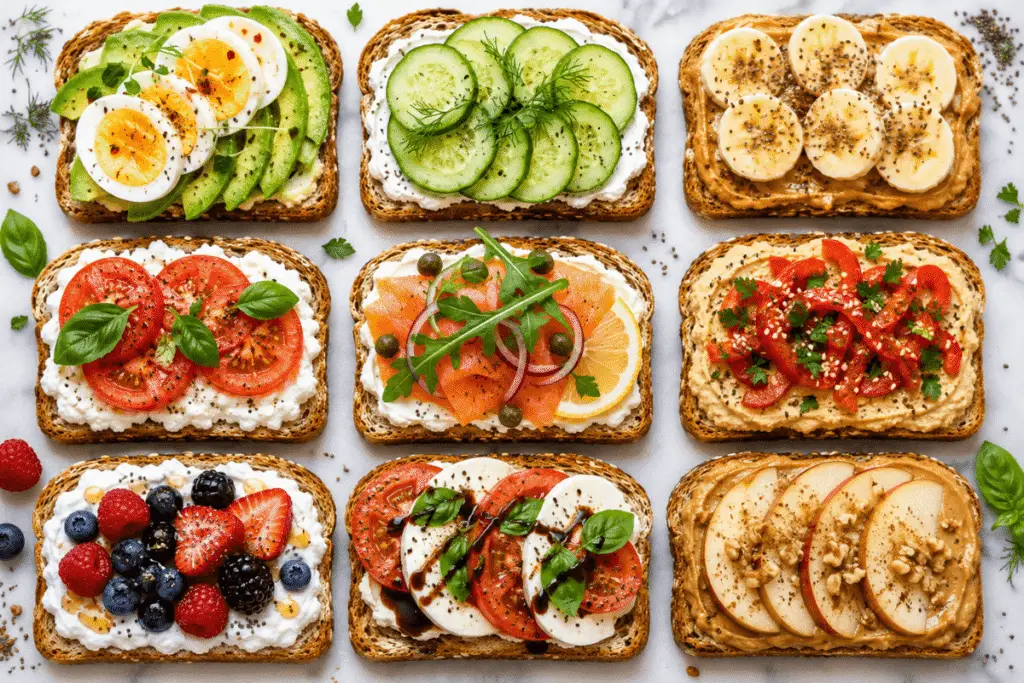 9 Gesunde Frühstücks Toasts mit Avocado, Ei, Lachs, Beeren und frischem Gemüse auf Vollkornbrot