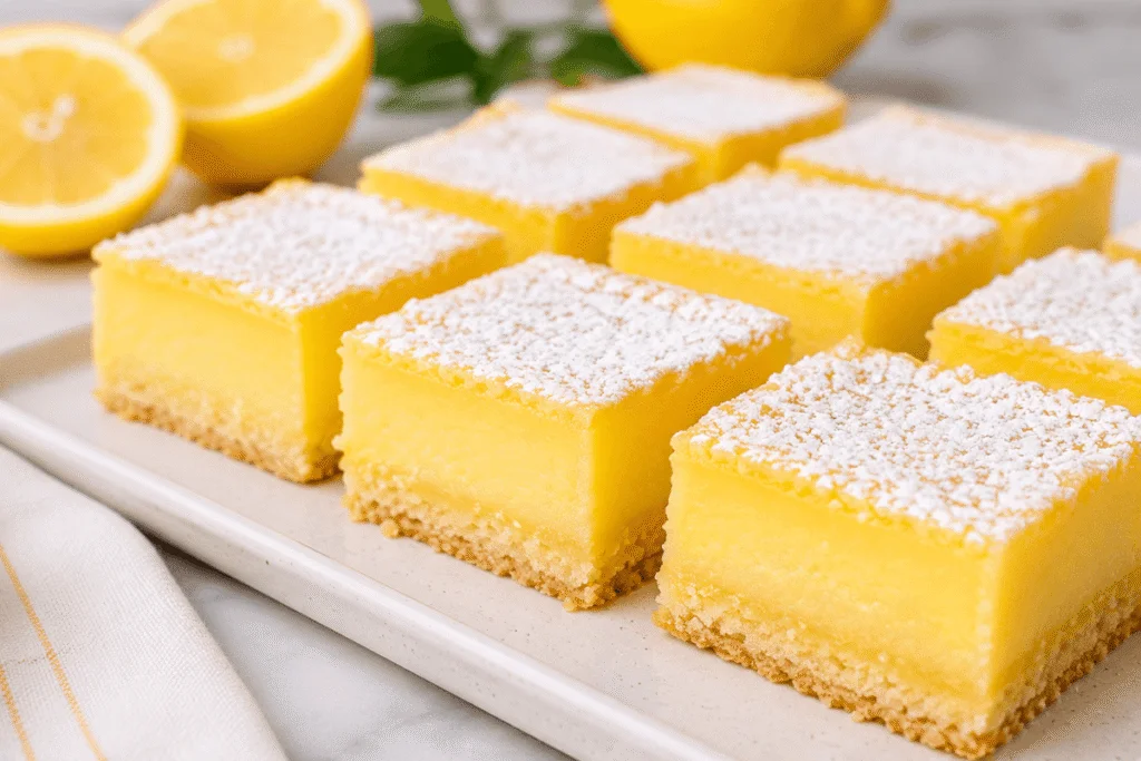 Zitronen-Schnitten Rezept mit cremiger Zitronenfüllung und knusprigem Mürbeteigboden.