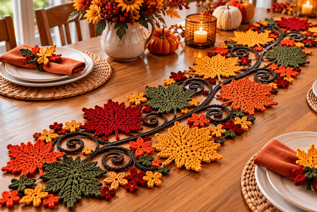 Herbstliche Tischdeko häkeln mit bunten Blättern und Blumen
